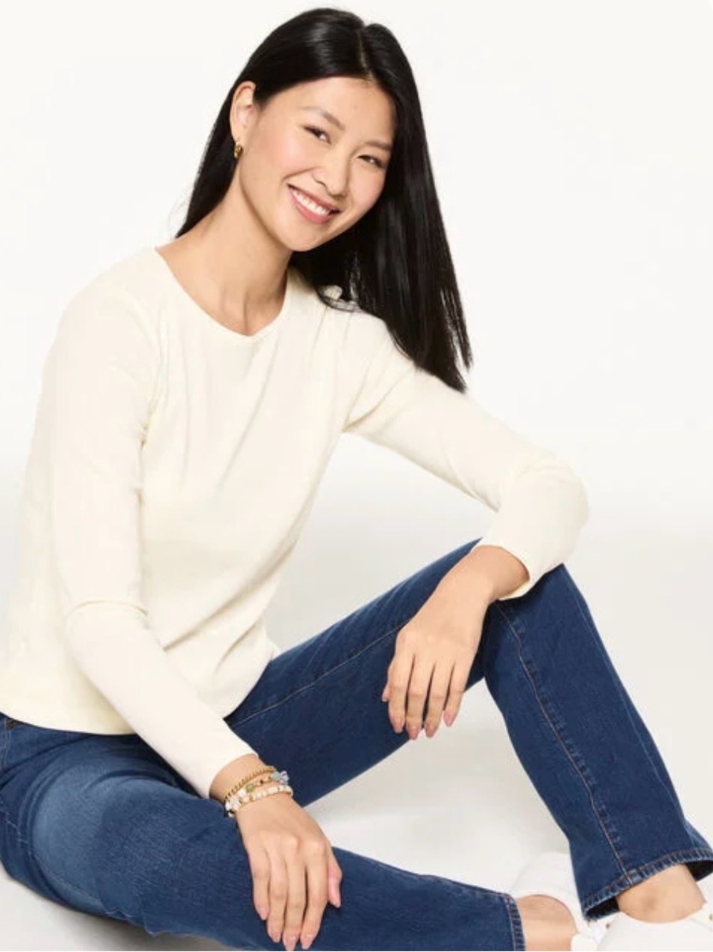 Talbots Long Sleeve Crewneck Tee Ivory 100% Cotton Size Medium - Picture 4 of 4